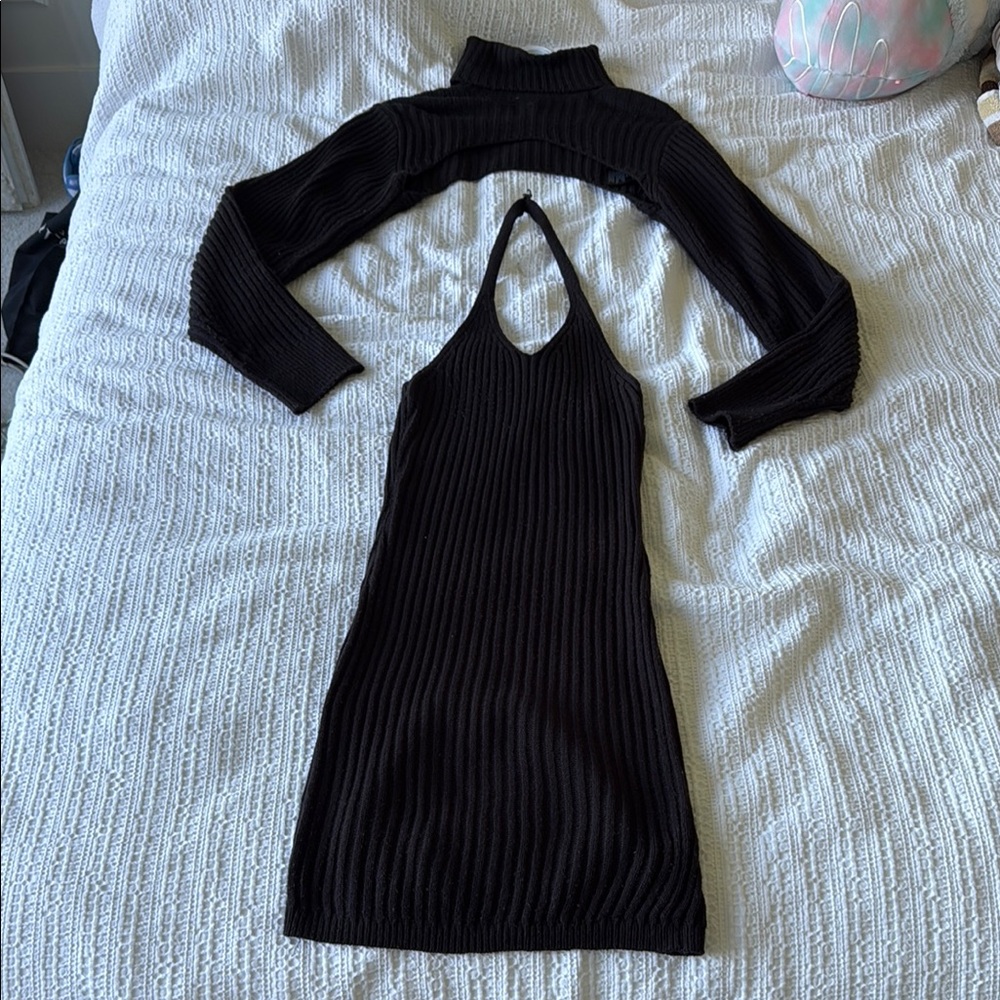 H&M Black Ribbed Dress with Long Sleeve Overlay